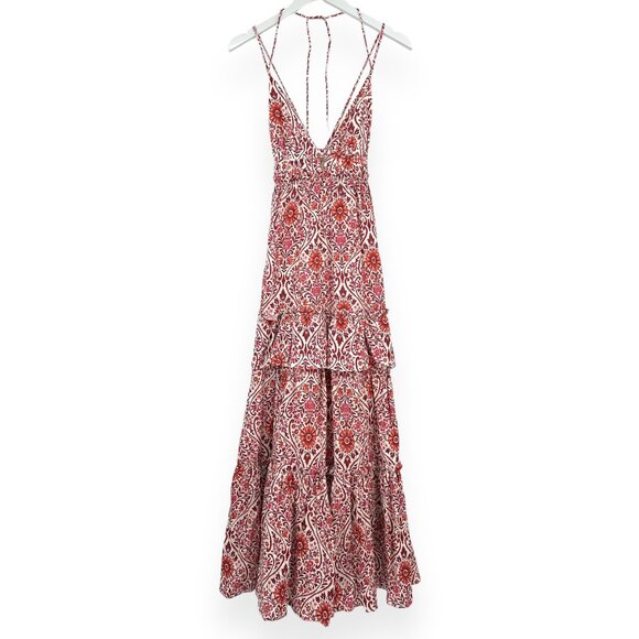 NWT Cami NYC Red Orange White "Doris" Floral Print Tiered Linen Maxi Dress - Picture 2 of 11